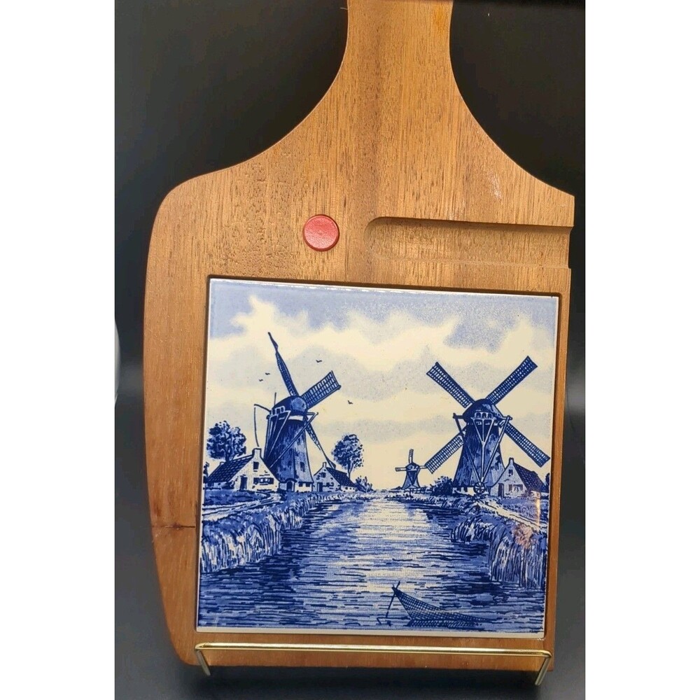 Vintage Delft Blue Holland hand-painted trivet windmill landscape scene.